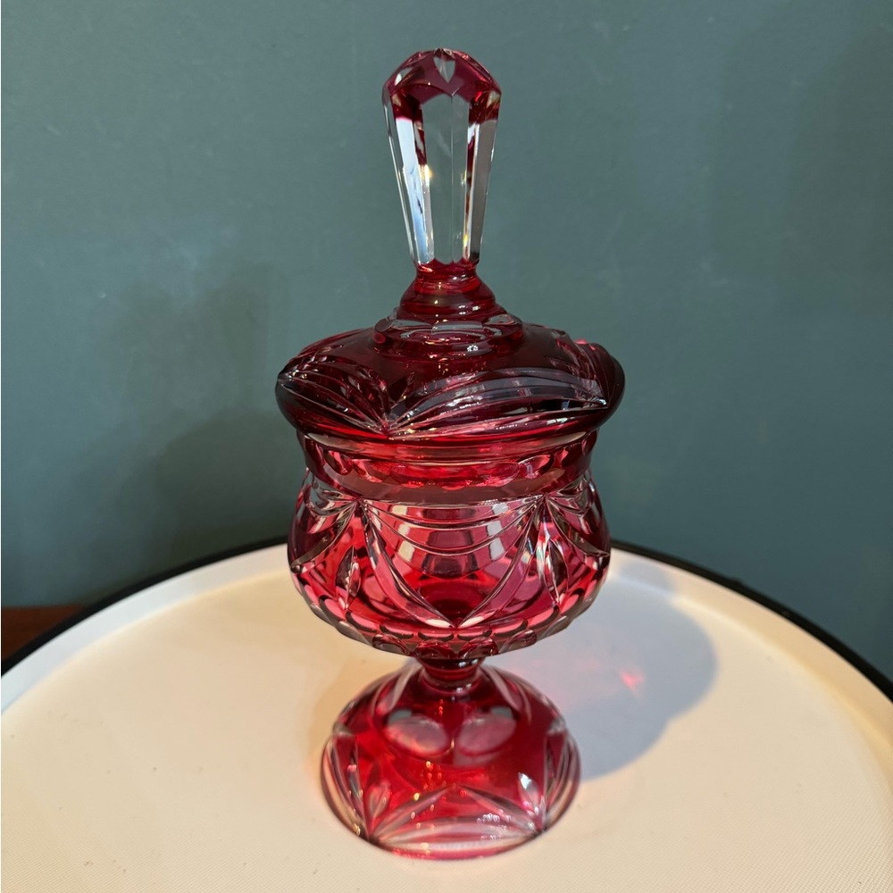 Elegant Czech Ruby Cut to Clear Crystal Covered Pedestal Candy Dish / Jar